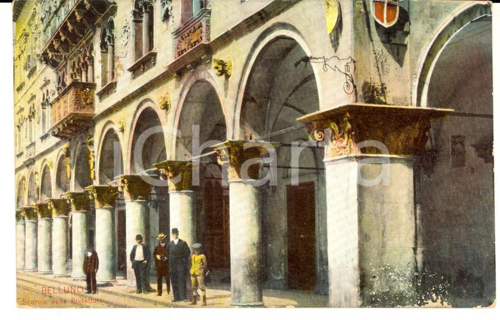 Cartolina originale da collezione 1920 ca BELLUNO Scorcio della Prefettura Cartolina ILLUSTRATA ANIMATA FP VG 1