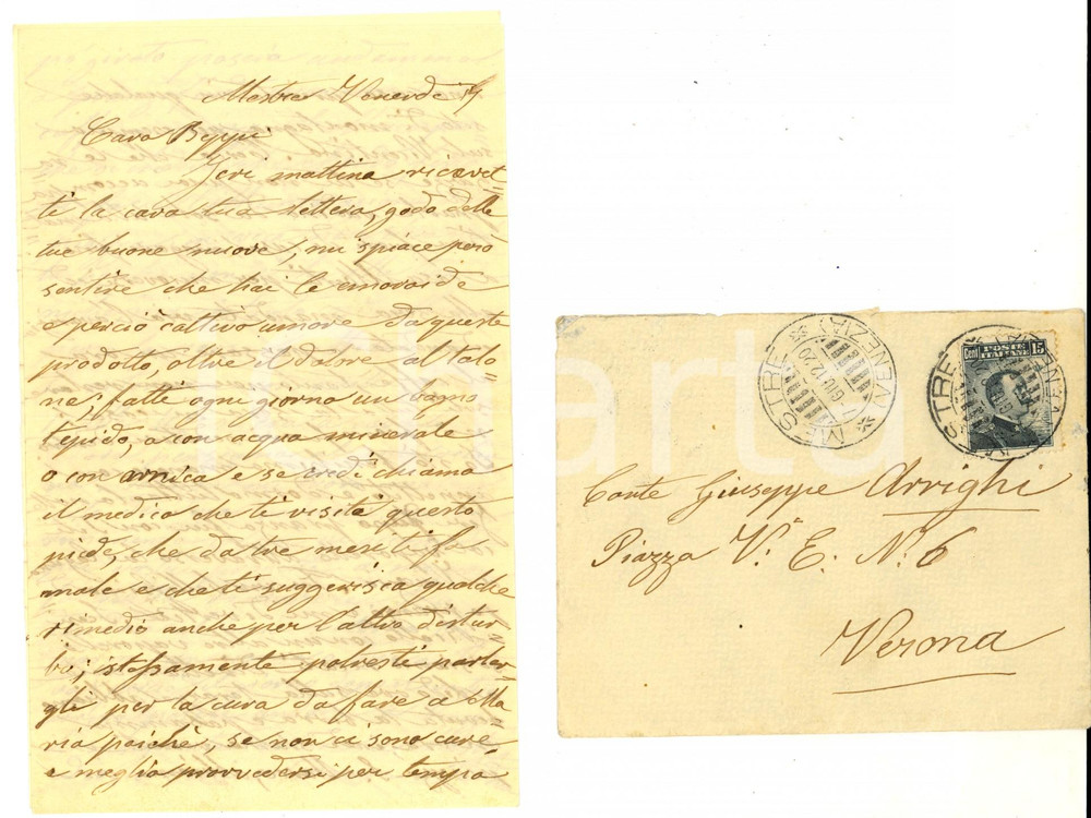 Manoscritto, lettera originale 1912 MESTRE Lettera al conte Giuseppe ARRIGHI dalla sorella in villeggiatura 1