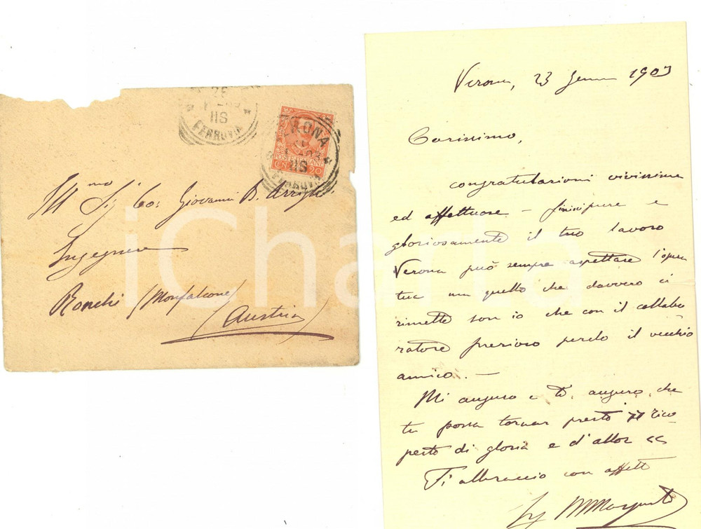 Manoscritto, lettera originale 1903 VERONA Lettera ingegnere a Giovanni Battista ARRIGHI per congratulazioni 1