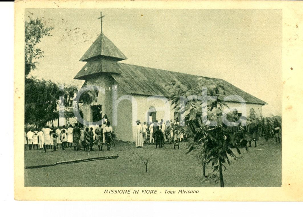 Cartolina originale da collezione 1938 TOGO AFRICA Missione in fiore Cartolina ANIMATA Opere Missionarie MILANO 1