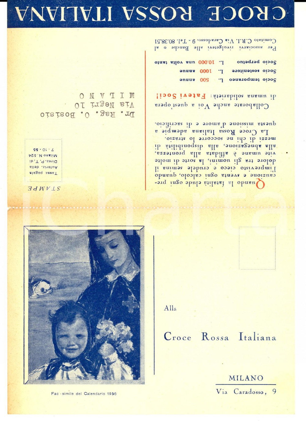 Cartolina originale da collezione 1956 CROCE ROSSA ITALIANA Biglietto pubblicitario per calendario 1