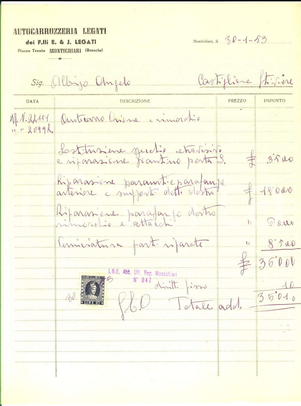 Documento originale, autentico 1953 MONTICHIARI BS Autocarrozzeria LEGATI Fattura per lavori autocarro 1