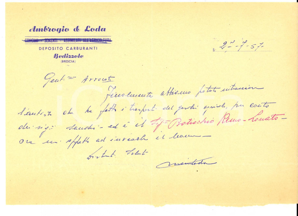1957 BEDIZZOLE (BS) Ditta AMBROGIO & LODA Deposito carburante *Lettera