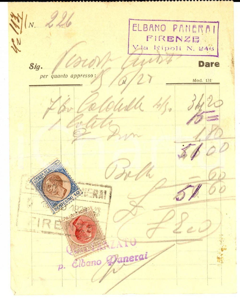Documento originale, autentico 1928 FIRENZE Ditta Elbano PANERAI  Ricevuta con bolli 1