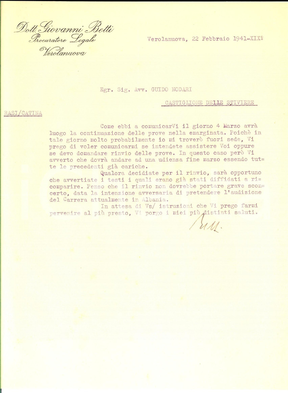Documento originale, autentico 1941 VEROLANUOVA BS Lettera Giovanni BETTI procuratore legale per causa 1