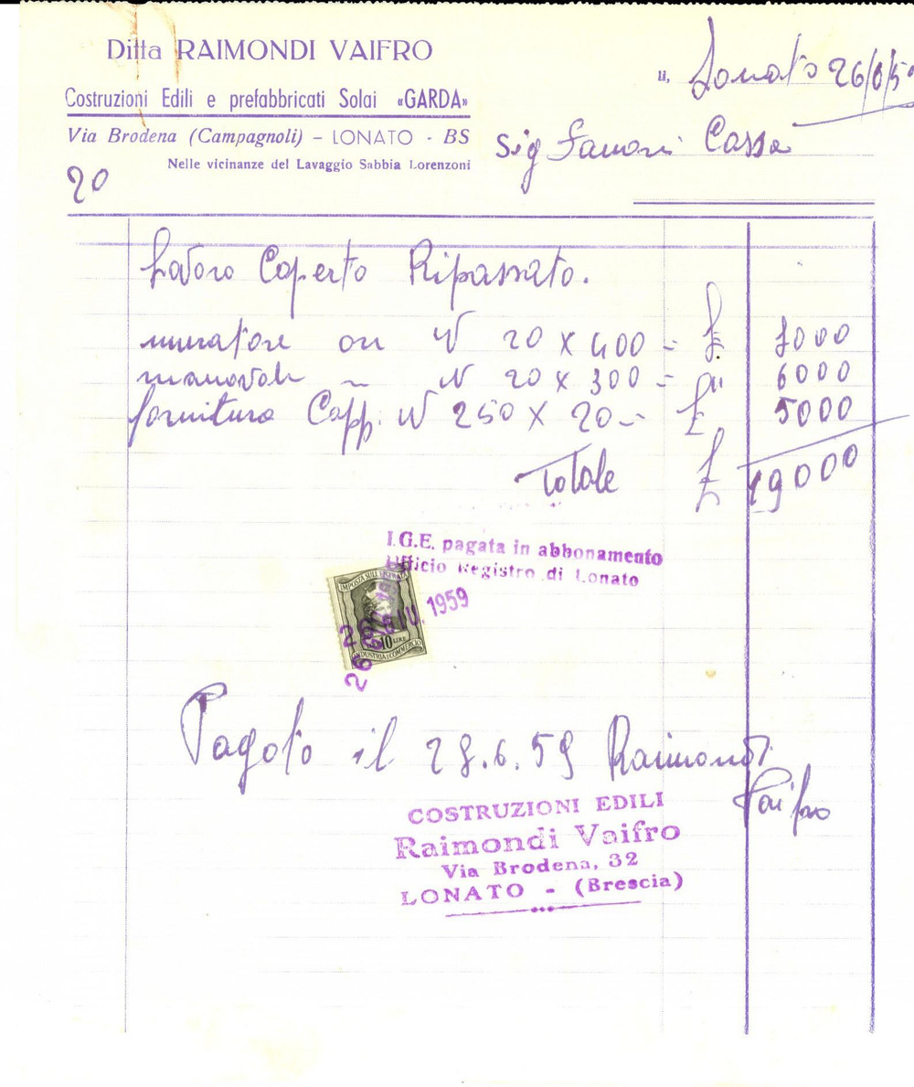 Documento originale, autentico 1959 LONATO BS Ditta Vaifro RAIMONDI Prefabbricati solai GARDA Fattura 1