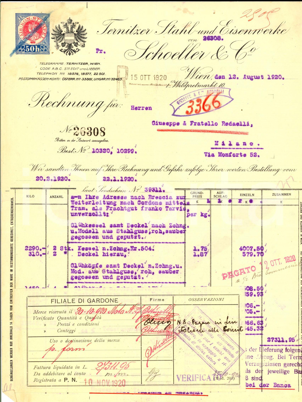 Documento originale, autentico 1920 WIEN Ditta SCHOELLER & Co Fattura intestata per materiale edile 1 1