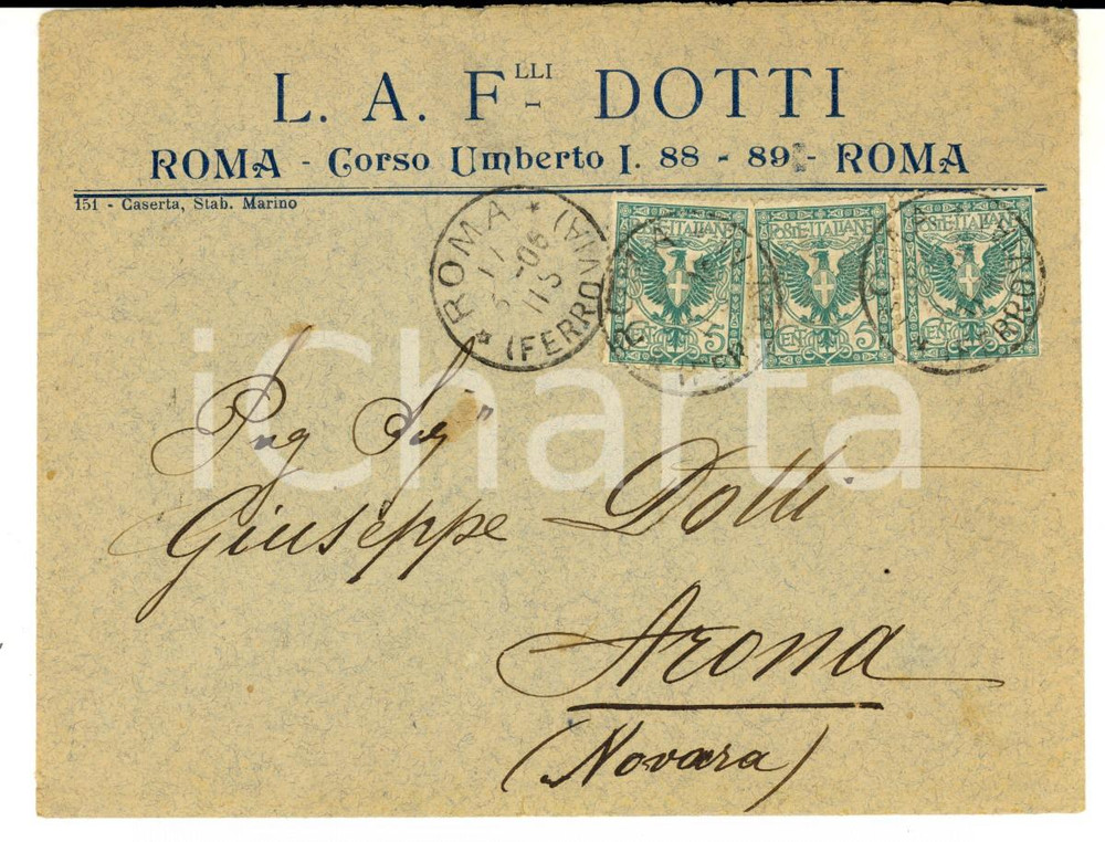 Materiale pubblicitario d’epoca 1906 ROMA STORIA POSTALE Ditta L. A. Fratelli DOTTI Busta striscia 5 cent. 1