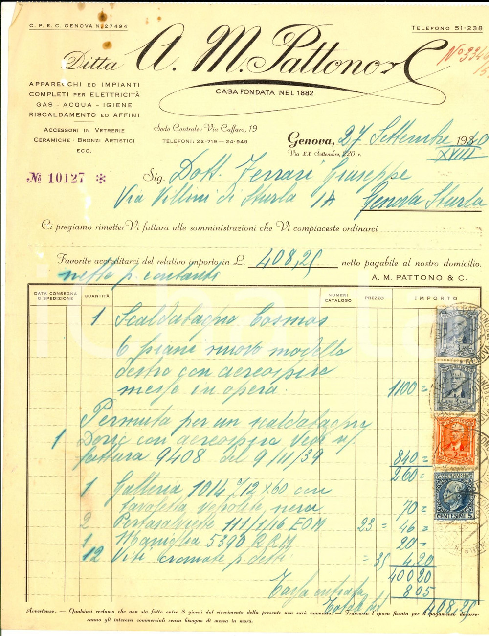 Documento originale, autentico 1940 GENOVA Ditta A. M. PATTONO Impianti elettricitÃ  Fattura intestata bolli 1