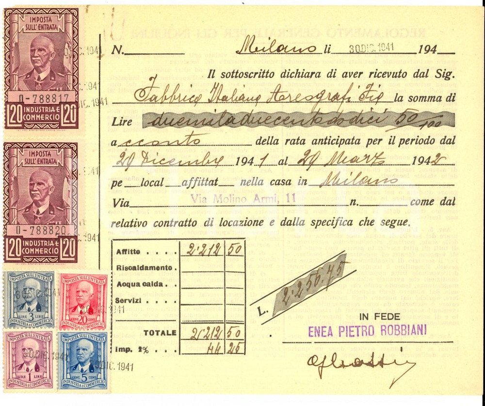 Documento originale, autentico 1941 MILANO Ricevuta Enea Pietro ROBBIANI a Fabbrica Italiana AREOGRAFI 1