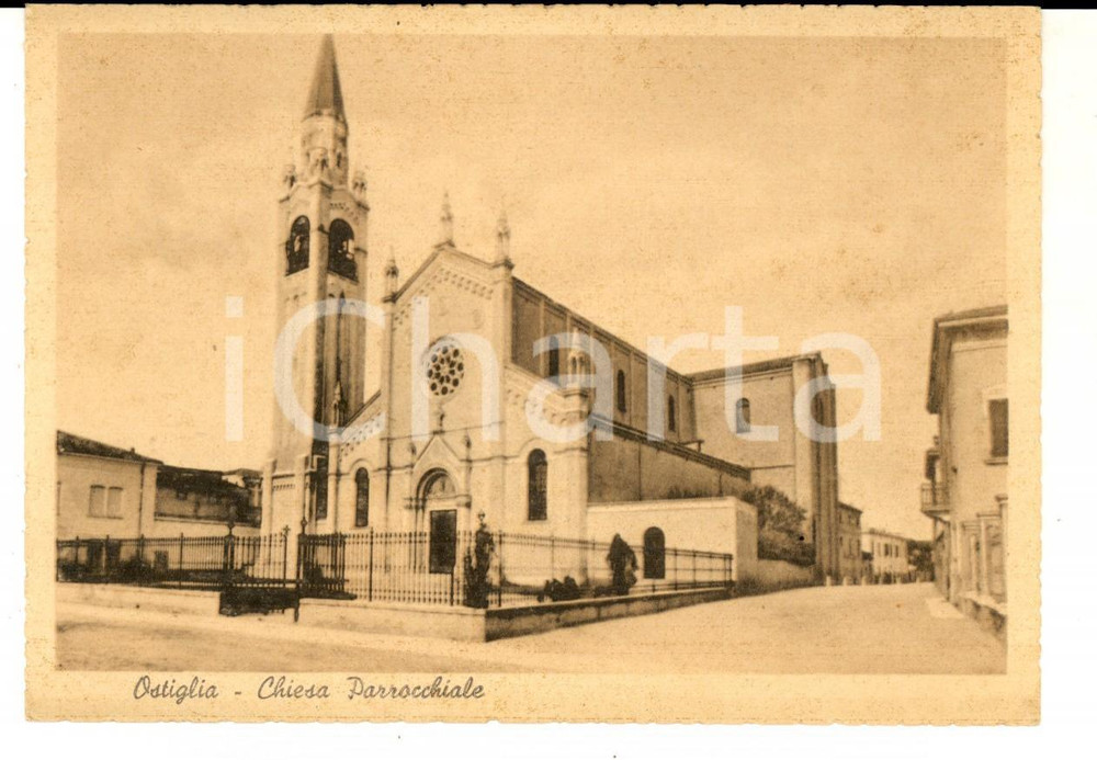 Cartolina originale da collezione 1940 ca OSTIGLIA MN Veduta con la Chiesa Parrocchiale Cartolina ANIMATA FG NV 1