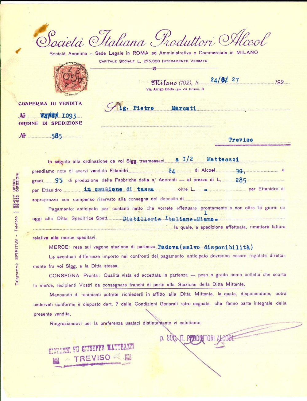 Documento originale, autentico 1927 MILANO SocietÃ  Italiana Produttori Alcool Ordine di spedizione con bollo 1