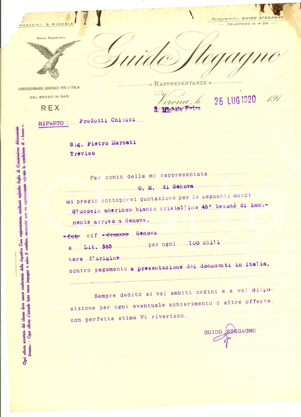 Documento originale, autentico 1920 VERONA Guido STEGAGNO Rappresentanze  Lettera per quotazione glucosio 1