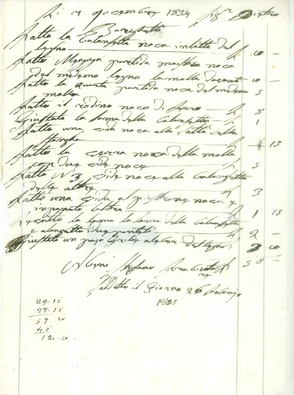 Documento originale, autentico 1834 BRESCIA Conto lavori di carpenteria per Pietro BORGHETTI Documento 1