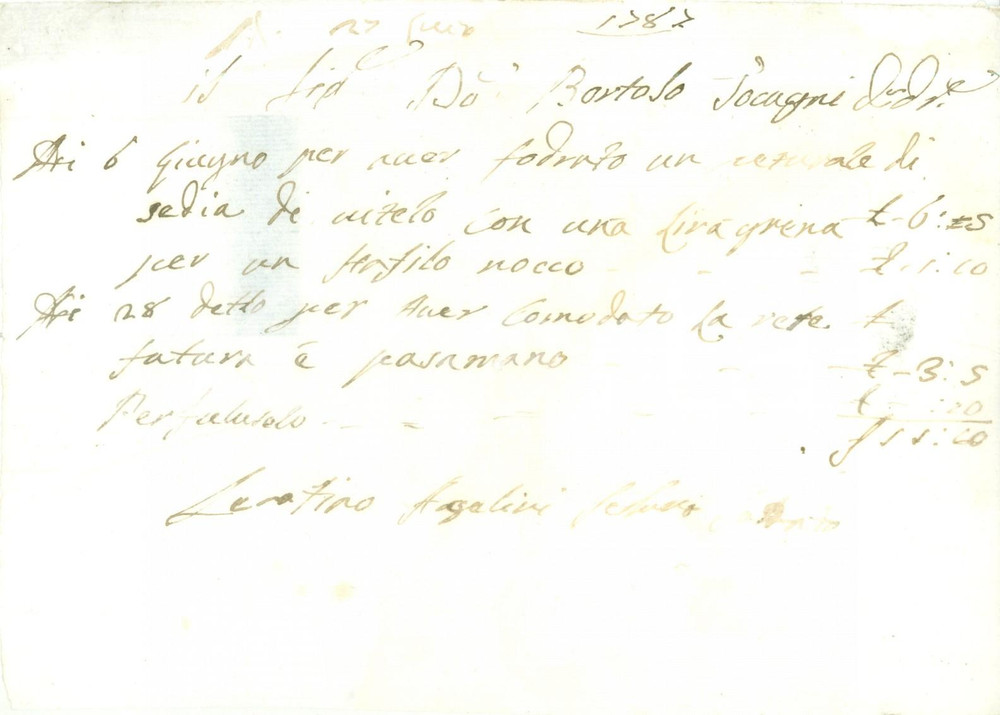 Documento originale, autentico 1787 BRESCIA Conto di Bortolo TOCCAGNI per foderatura di una sedia Documento 1