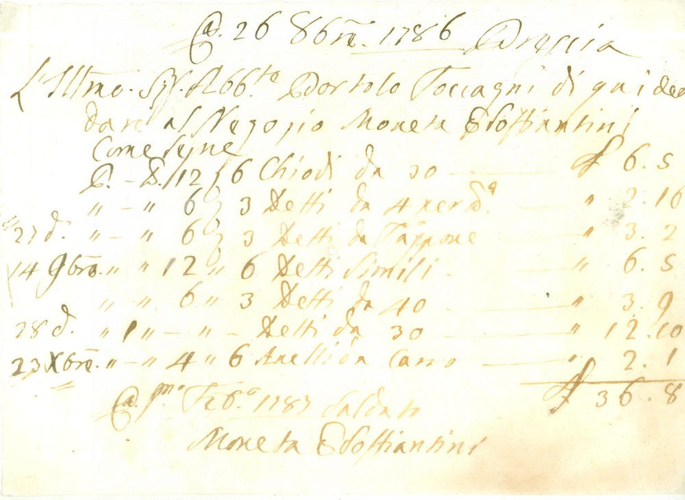 Documento originale, autentico 1786 BRESCIA Bortolo TOCCAGNI deve pagare chiodi e anelli Documento 1