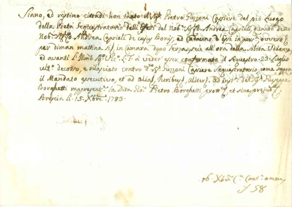 Documento originale, autentico 1783 BRESCIA Avviso di sequestro dei beni di Andrea CAPRIOLI Documento 1