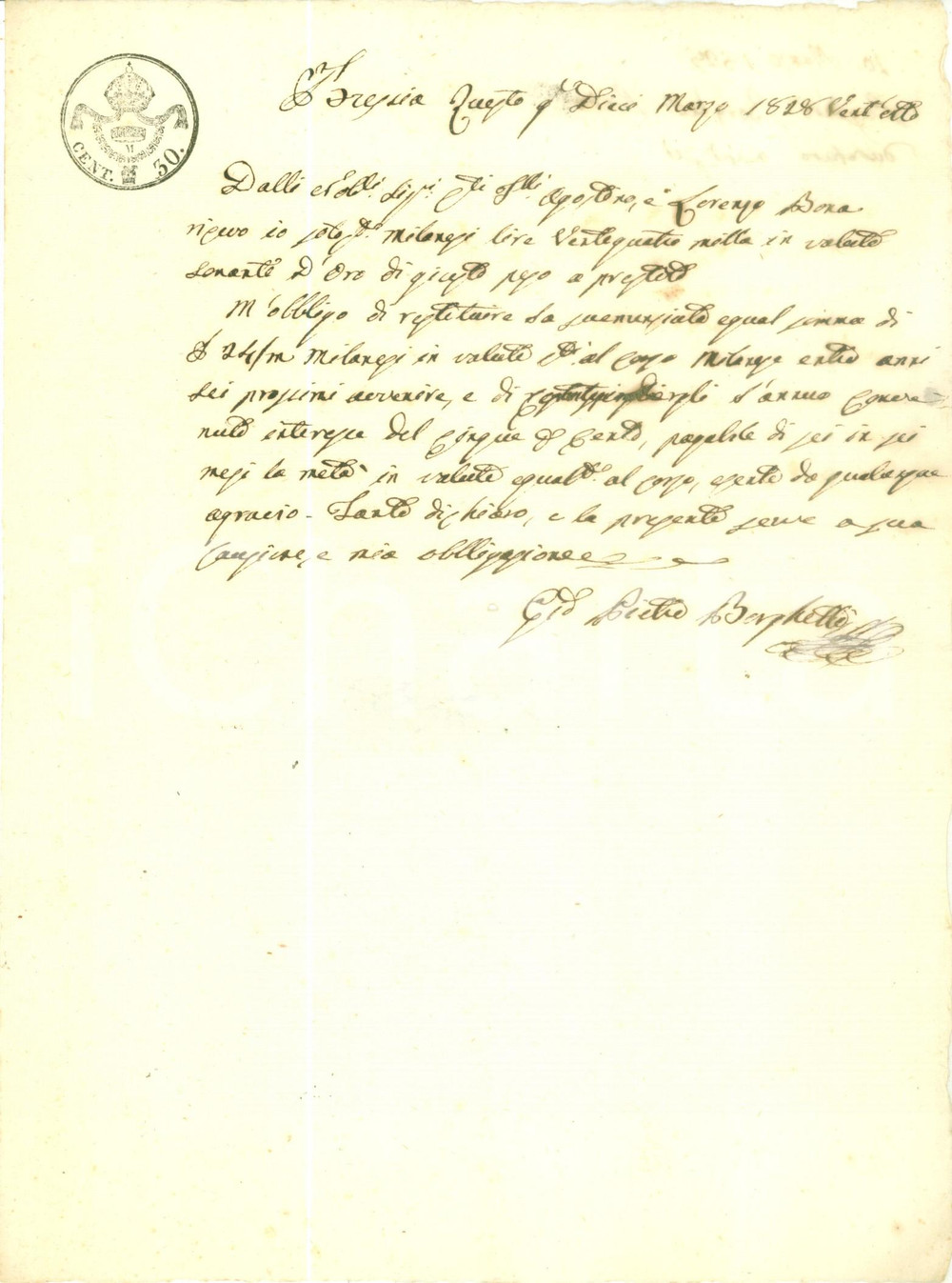 Documento originale, autentico 1828 BRESCIA Giovanni Pietro BORGHETTI riceve denaro da Agostino e Lorenzo BONA 1