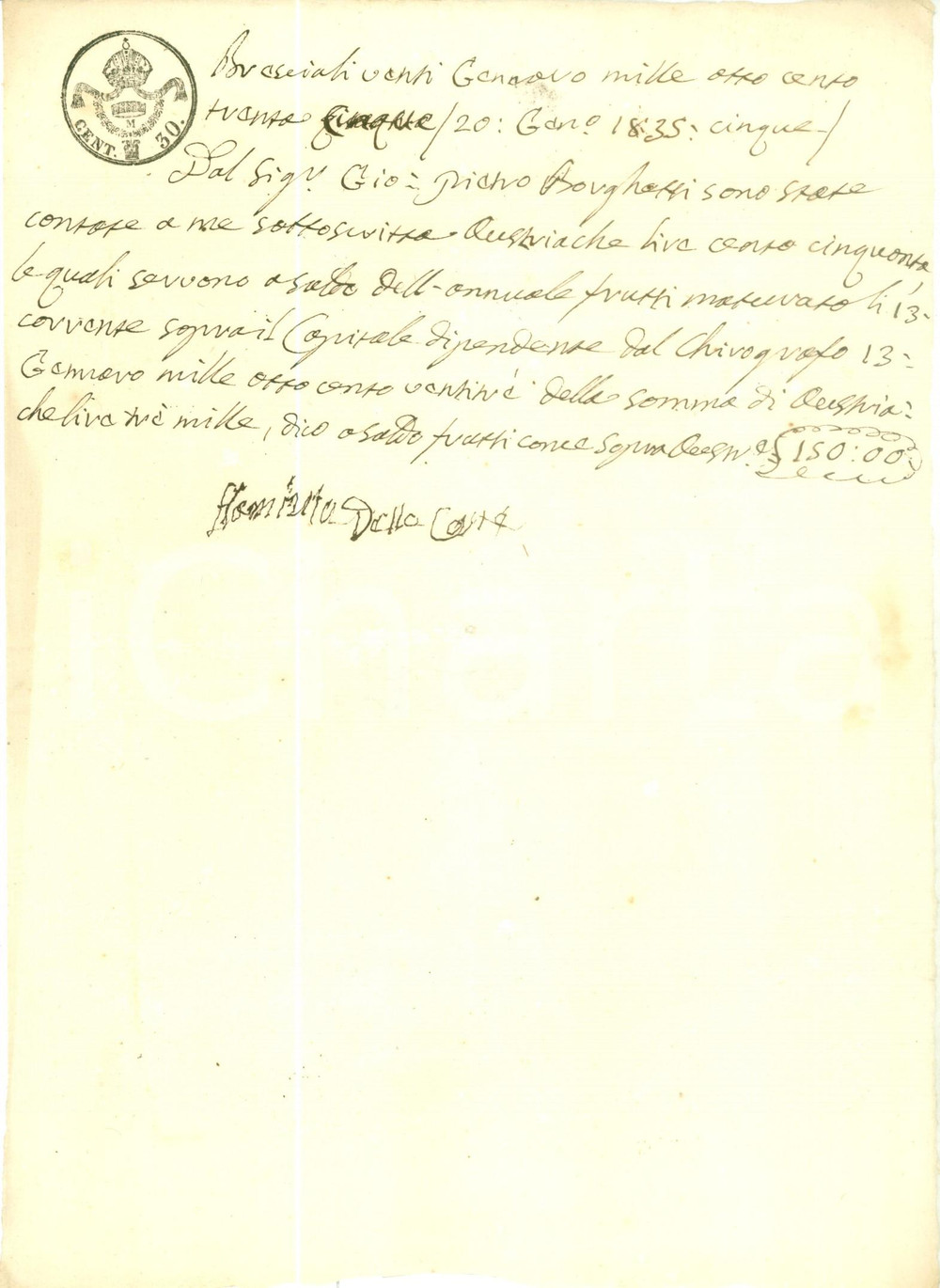 Documento originale, autentico 1835 BRESCIA Giovanni Pietro BORGHETTI paga interessi su capitale Documento 1