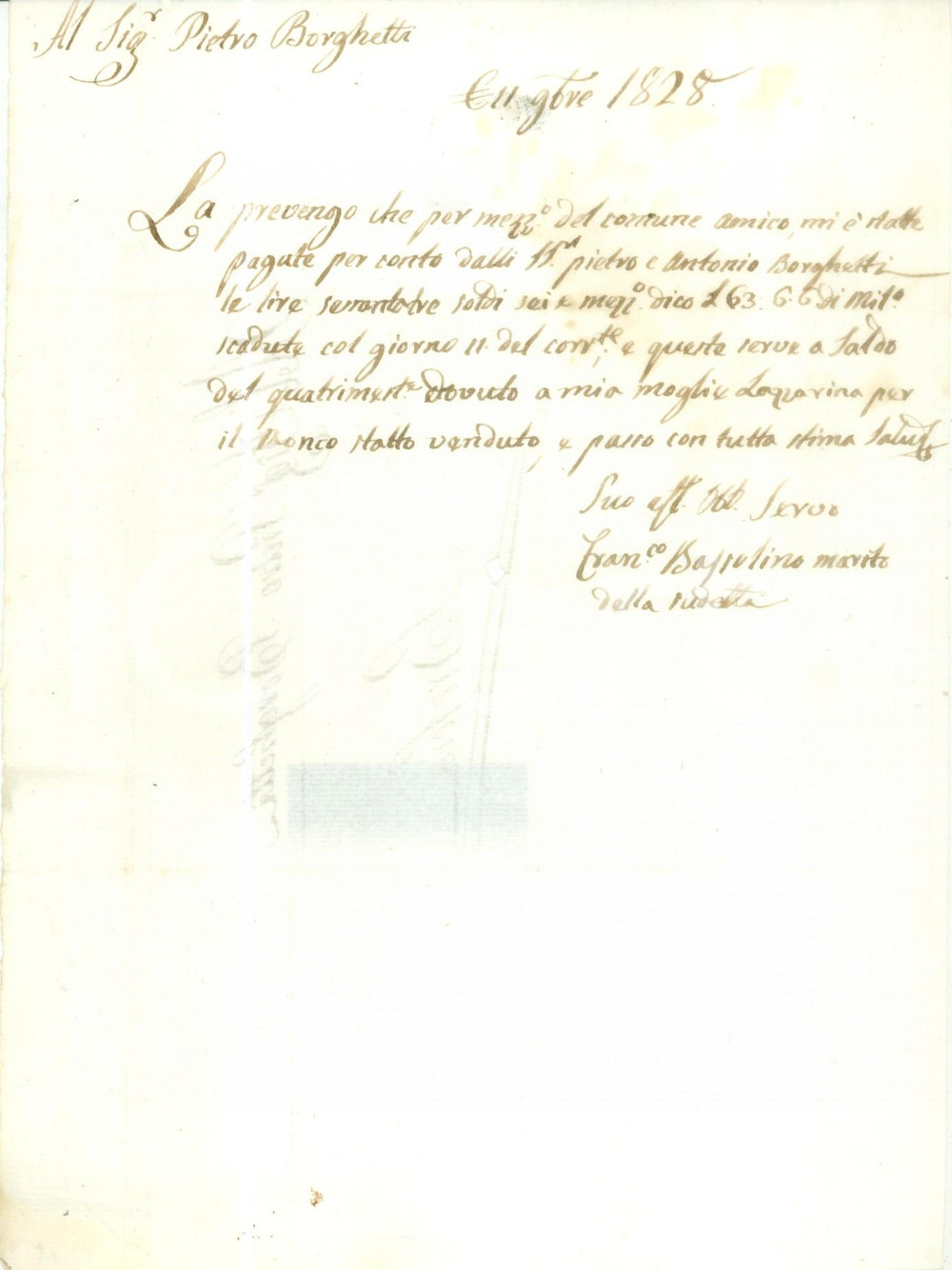 Documento originale, autentico 1828 BRESCIA Francesco BASSOLINO riceve denaro da Pietro e Antonio BORGHETTI 1