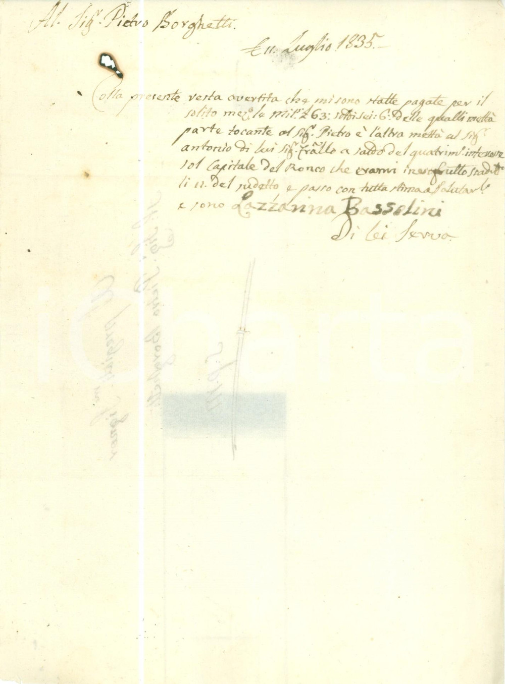 Documento originale, autentico 1835 BRESCIA Lazzarina BASSOLINI riceve riceve interessi da Pietro BORGHETTI 1