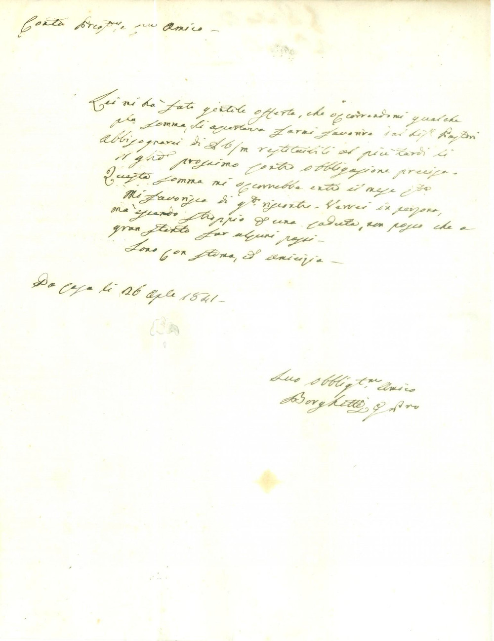 Documento originale, autentico 1841 BRESCIA Giovanni Pietro BORGHETTI chiede denaro in prestito Prefilatelica 1