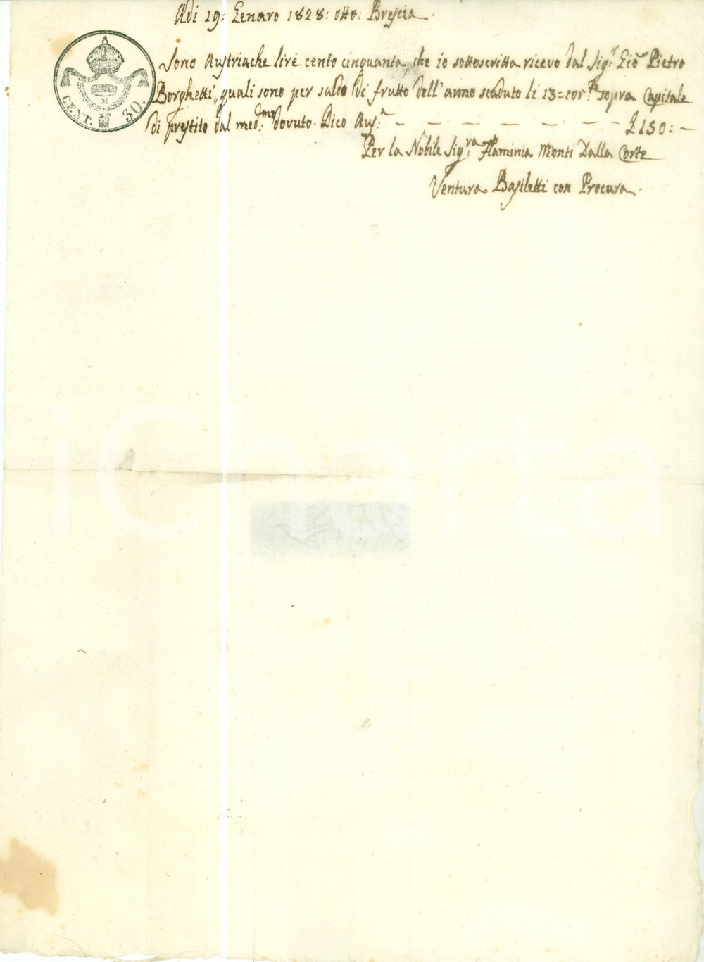 Documento originale, autentico 1828 BRESCIA Flaminia MONTI DALLA CORTE riceve interessi da Pietro BORGHETTI 1