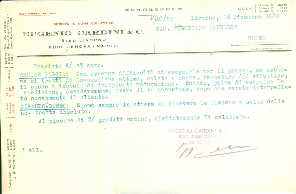Documento originale, autentico 1950 LIVORNO SocietÃ  Eugenio CARDINI su ordine di pesce Documento 1