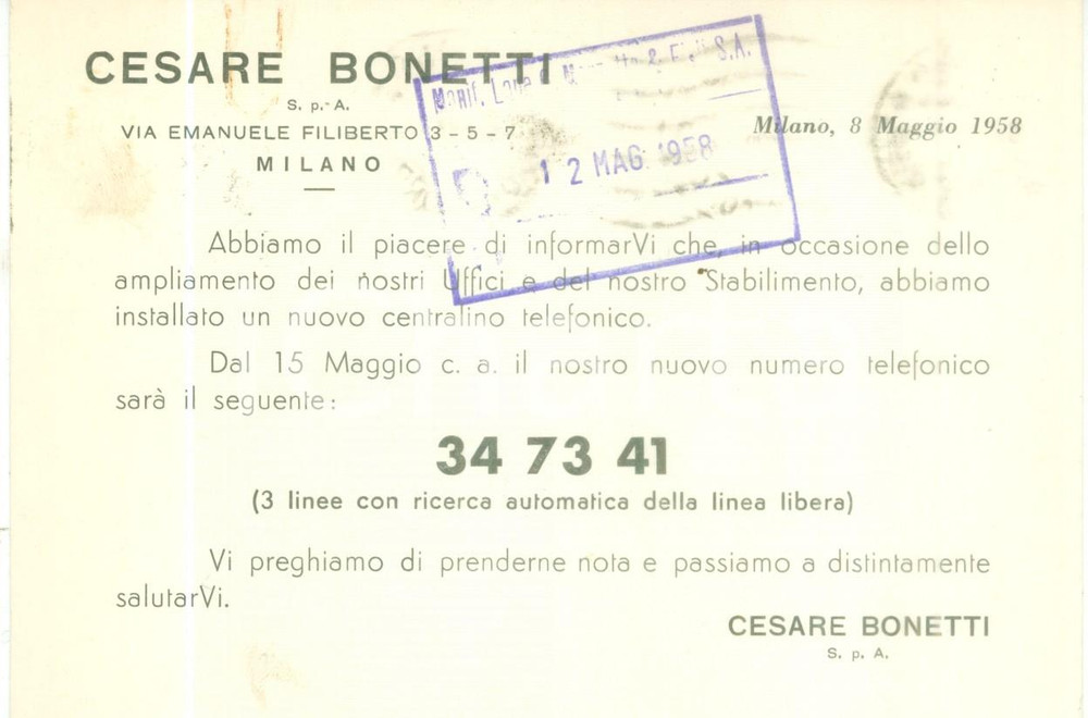 Cartolina originale da collezione 1958 MILANO Cesare BONETTI installa nuovo centralino telefonico Cartolina FG VG 1