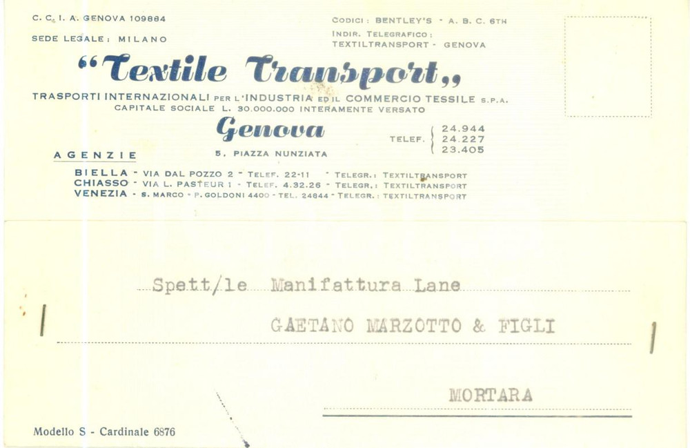 Cartolina originale da collezione 1959 GENOVA Trasporti Internazionali TEXTILE TRANSPORT Cartolina commerciale 1