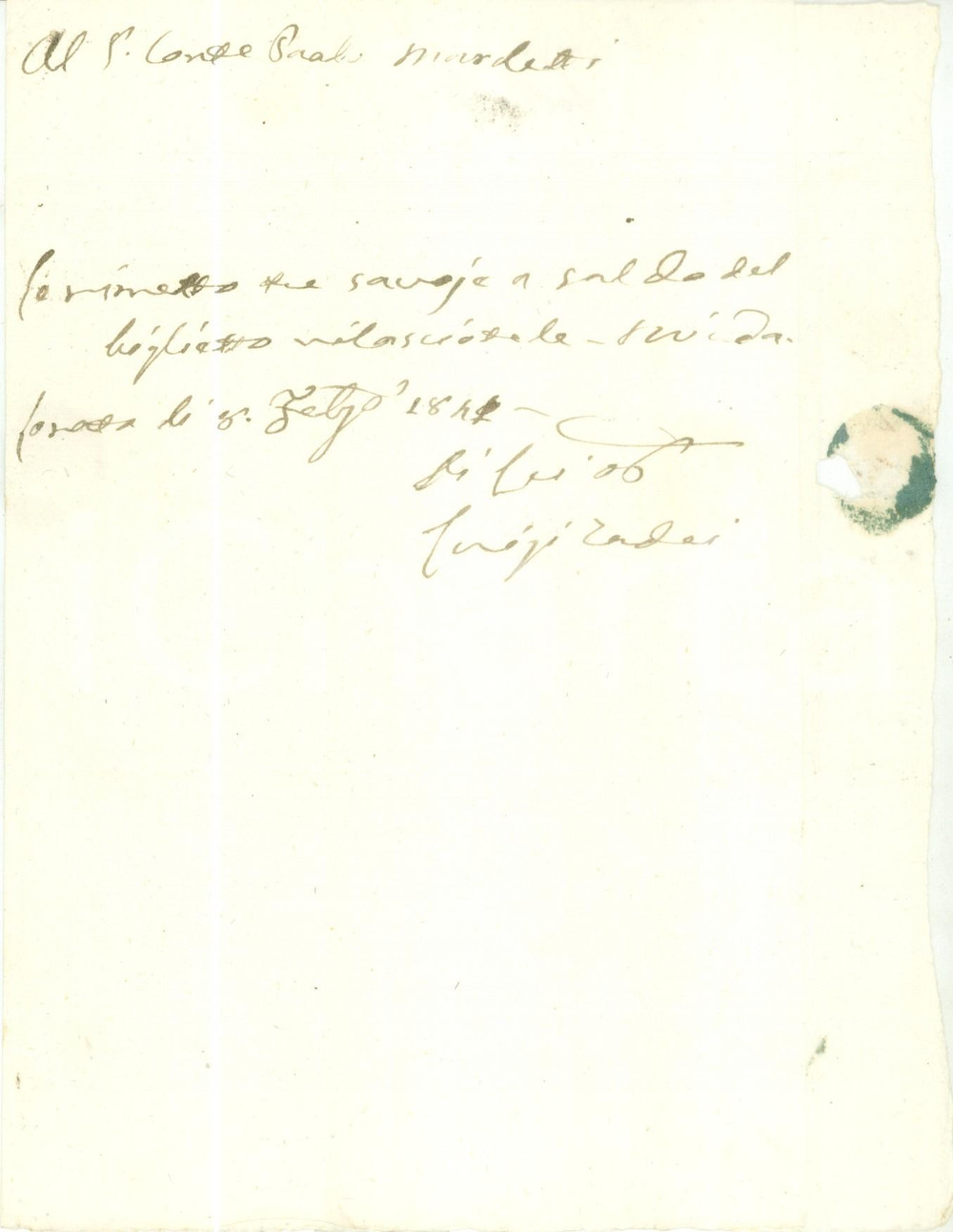 Documento originale, autentico 1841 BRESCIA Luigi TADDEI invia denaro a Conte Paolo MARCHETTI Prefilatelica 1
