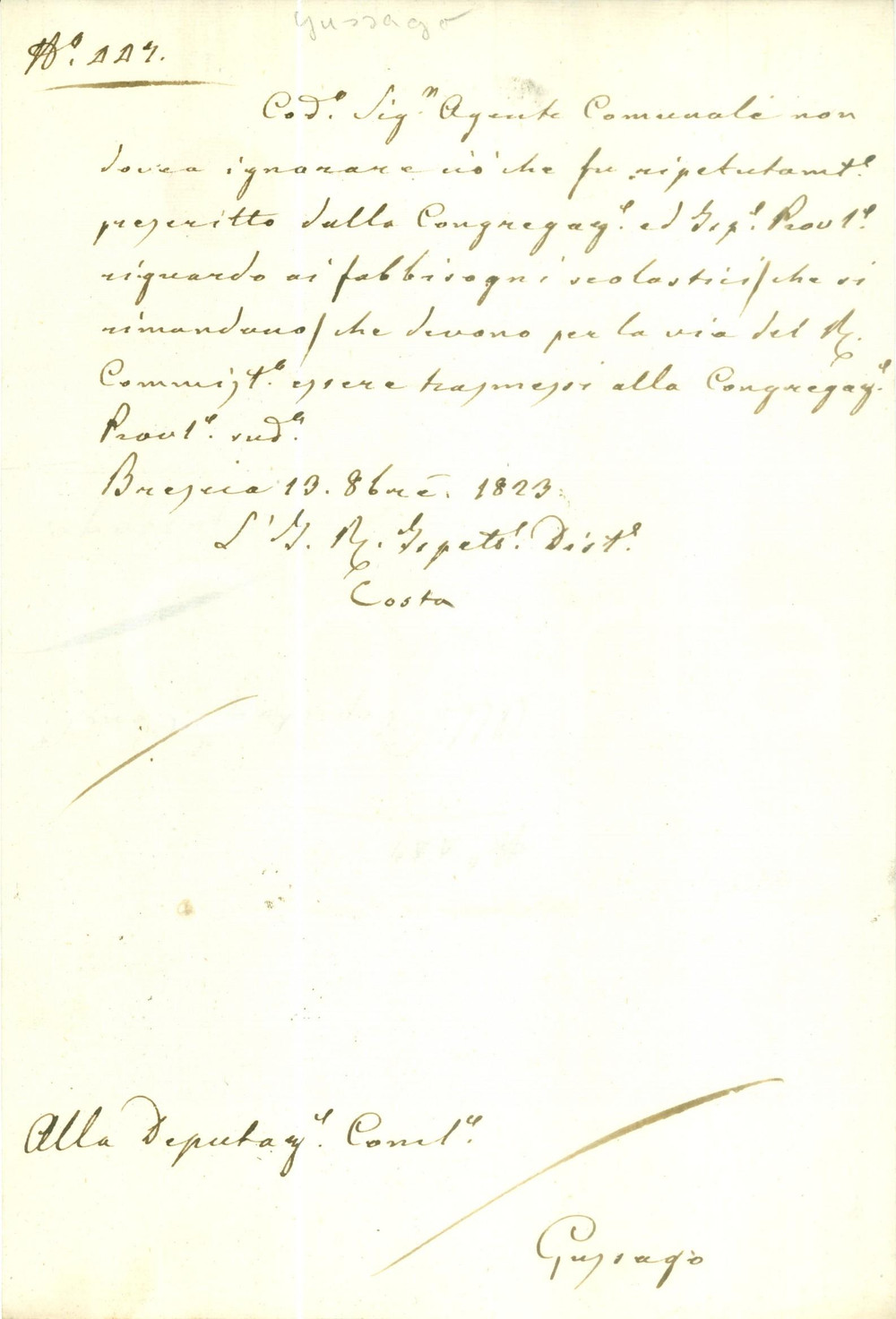 Documento originale, autentico 1823 GUSSAGO BS Non biogna ignorare i fabbisogni scolastici Documento 1