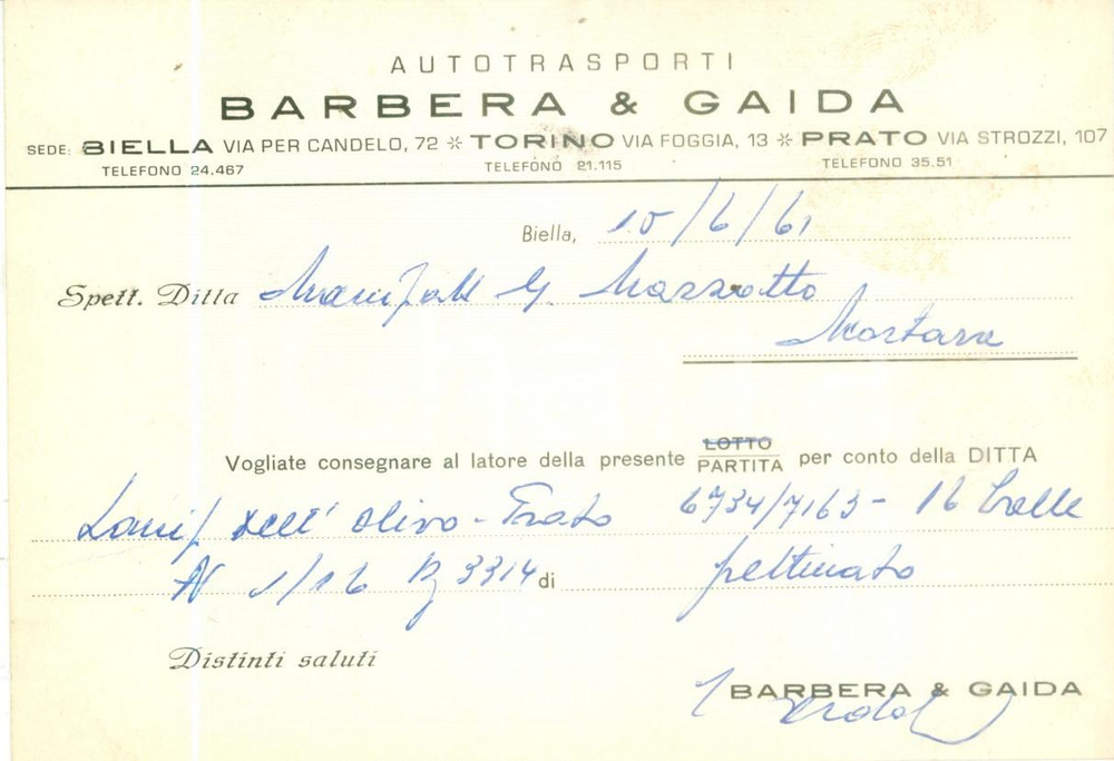 Cartolina originale da collezione 1961 TORINO Autotrasporti BARBERA & GAIDA Cartolina commerciale 1