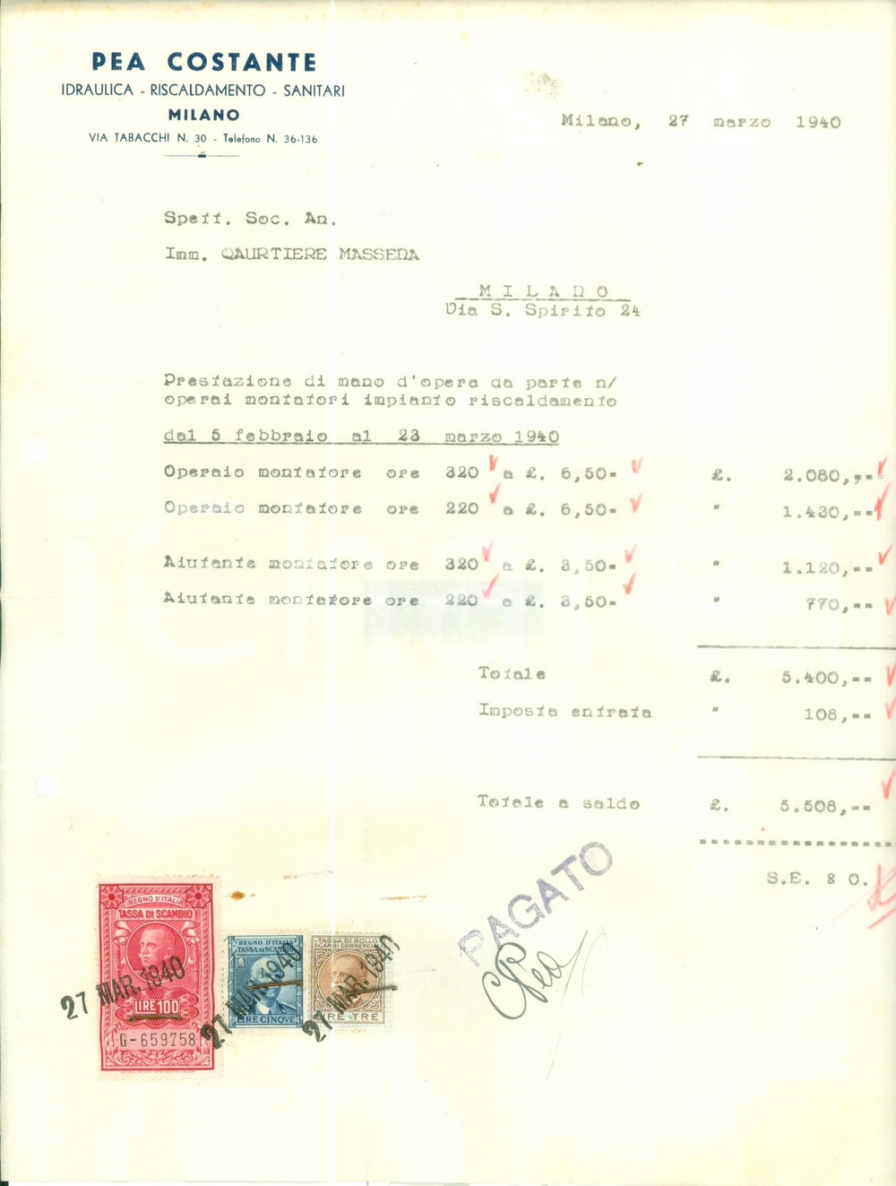 Documento originale, autentico 1940 MILANO Idraulica Riscaldamento Sanitari PEA COSTANTE Fattura intestata 1