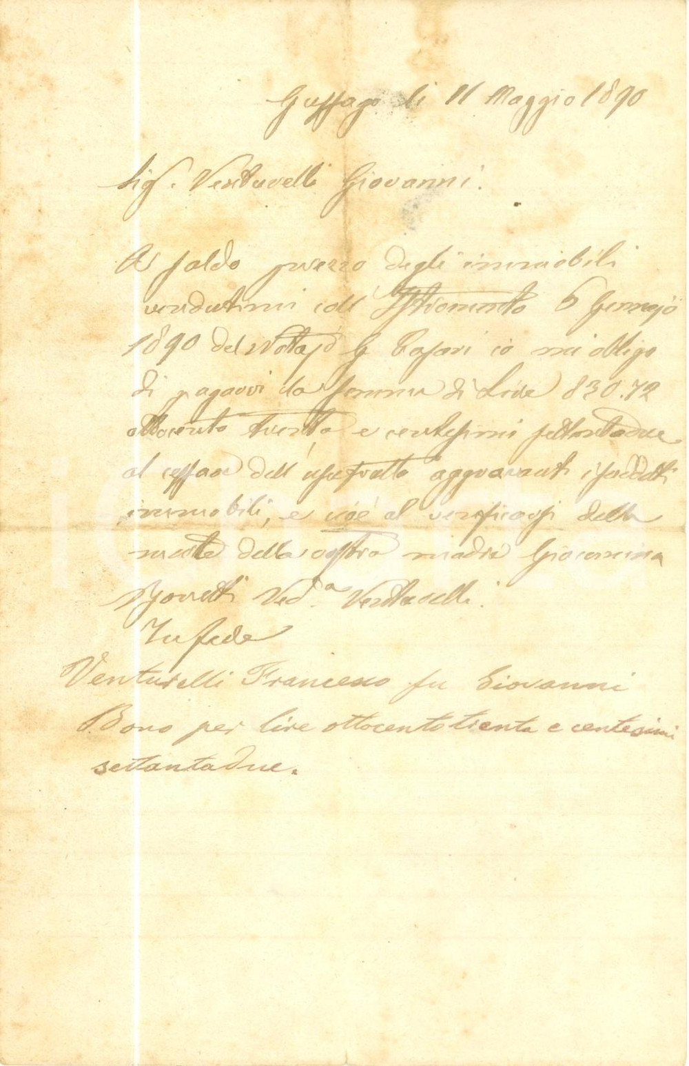Documento originale, autentico 1890 GUSSAGO BS Francesco VENTURELLI si impegna a pagare immobili Documento 1