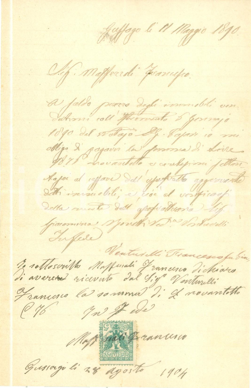 Documento originale, autentico 1890 GUSSAGO BS Francesco VENTURELLI si impegna a pagare immobili Documento 1