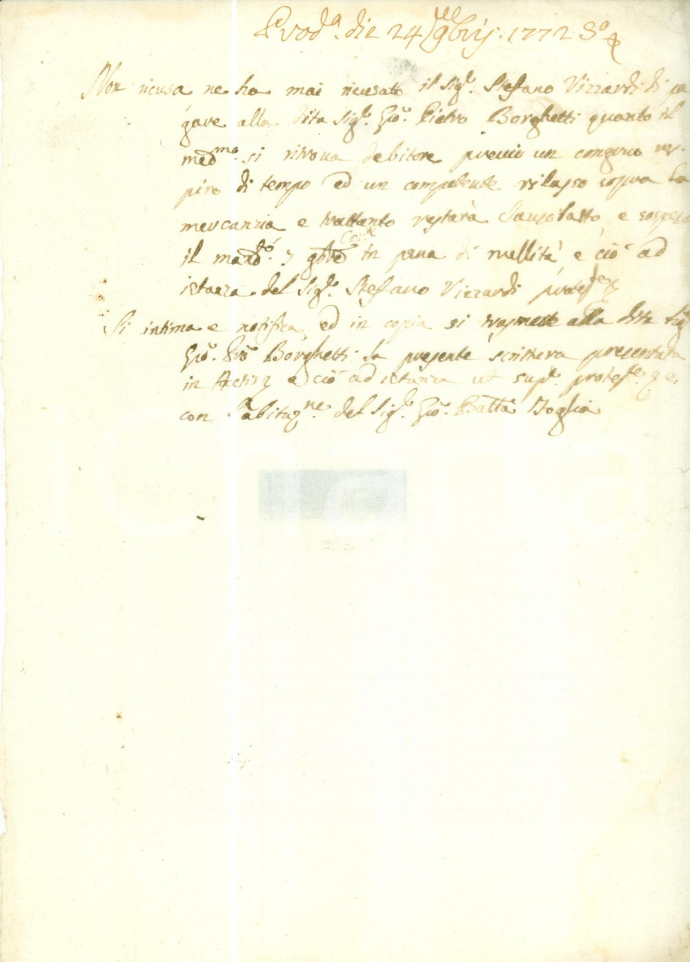 Documento originale, autentico 1772 BRESCIA Stefano VIZZARDI paga debiti alla Ditta di Pietro BORGHETTI 1