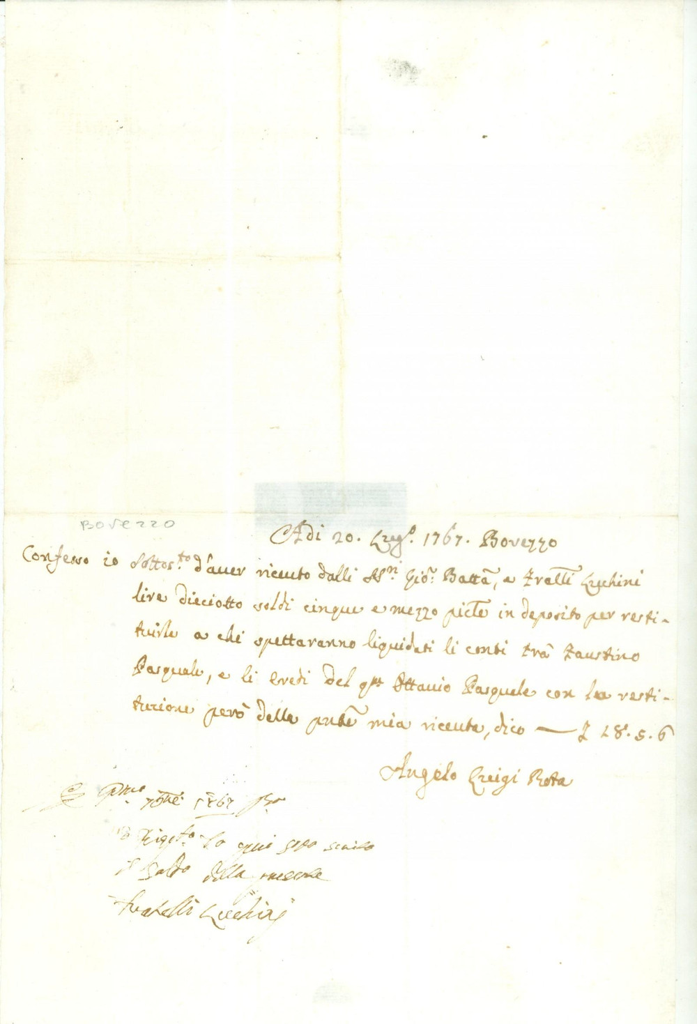 Documento originale, autentico 1767 BOVEZZO CN Angelo Luigi ROTA riceve denaro dai fratelli LUCHINI Documento 1