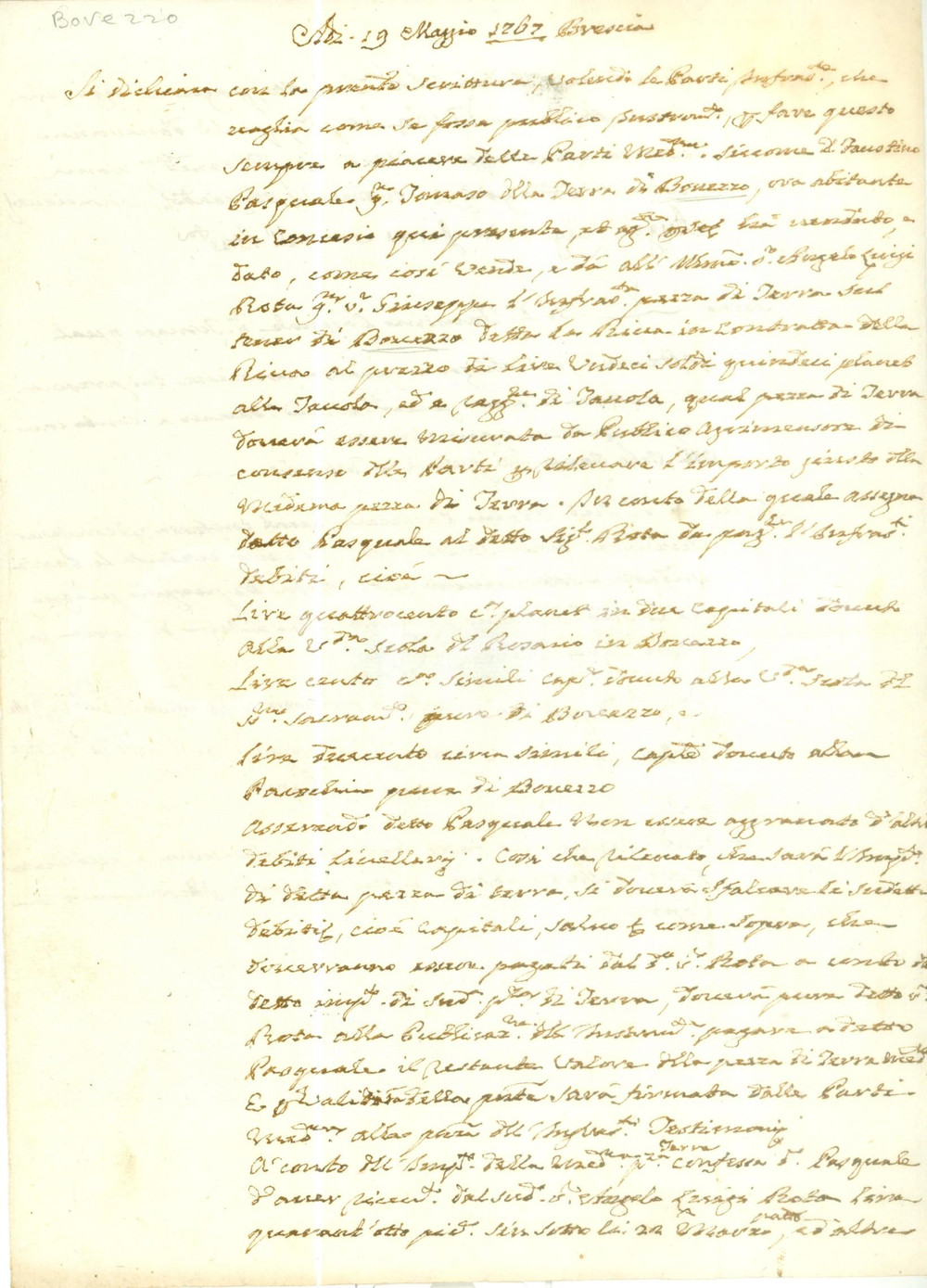 Documento originale, autentico 1767 BOVEZZO BS Faustino PASQUALE vende terra a Luigi ROTA Documento 1