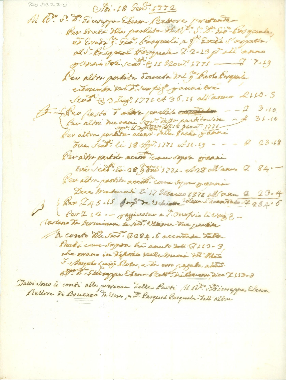 Documento originale, autentico 1772 BOVEZZO BS Conti per saldo partite Rettore Giuseppe ELENA Documento 1
