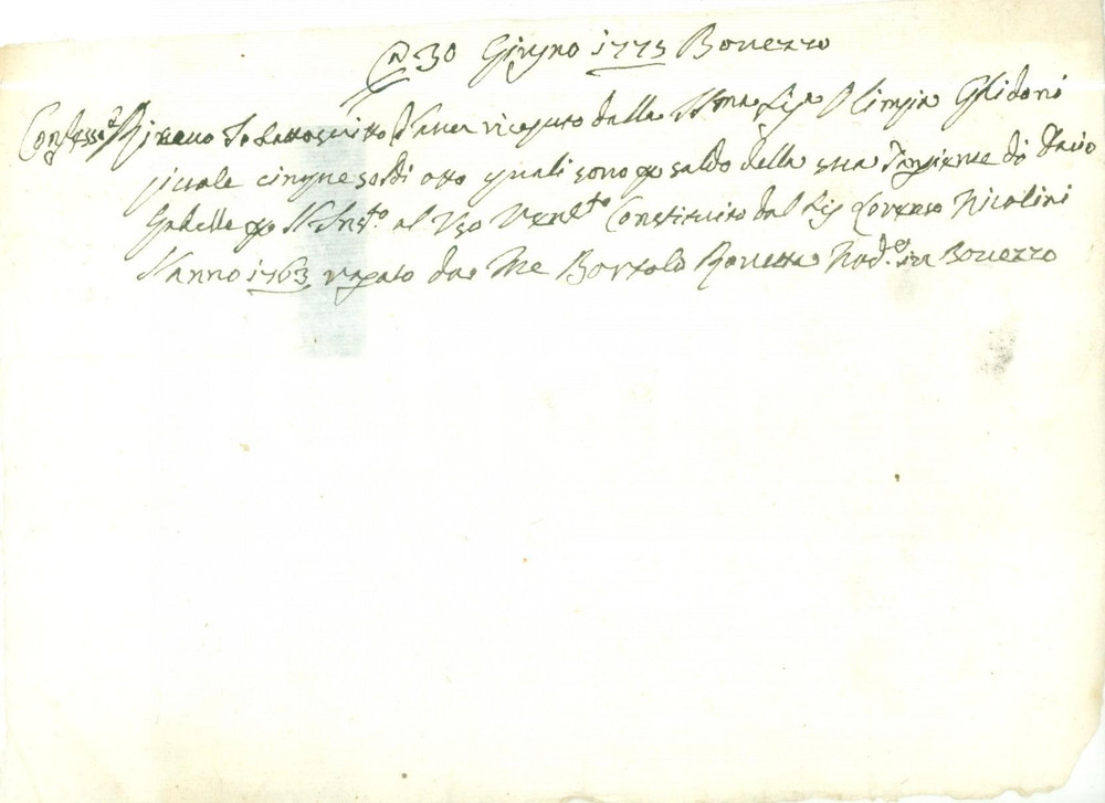Documento originale, autentico 1775 BOVEZZO BS Olimpia GHIDONI salda dazio di gabelle Ricevuta 1