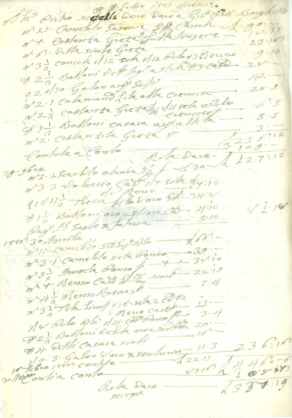 Documento originale, autentico 1773 BRESCIA Conto lavori di sartoria per Pietro METELLI Fattura manoscritta 1