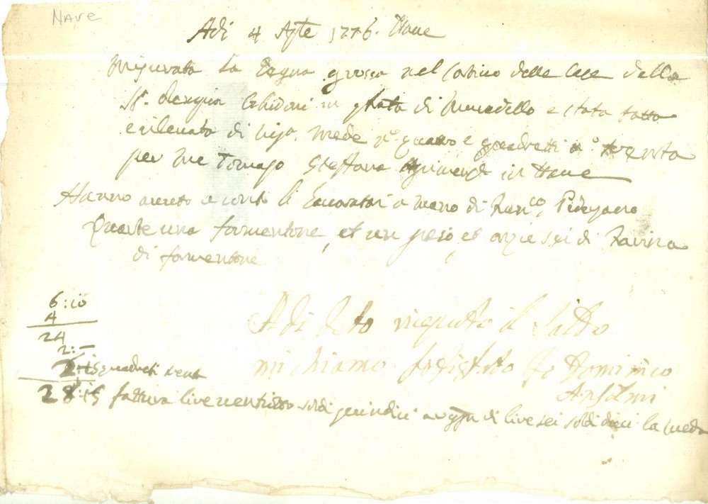 Documento originale, autentico 1776 NAVE BS Stefano TORNAGO riceve compenso per lavori a un catino Ricevuta 1