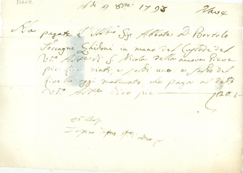 Documento originale, autentico 1793 NAVE BS Abate Bortolo TOCCAGNI GHIDONI paga l Asse di San Nicola Ricevuta 1