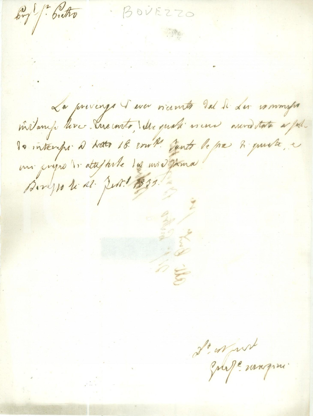 Documento originale, autentico 1833 BOVEZZO BS Giuseppe MANZINI paga interessi di febbraio Documento 1