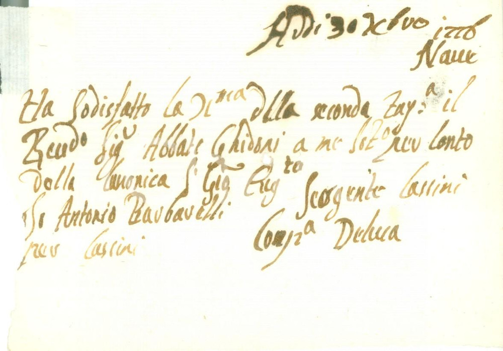Documento originale, autentico 1776 NAVE BS Abate GHIDONI paga rata canonica Giovanni Antonio BARBARELLI 1