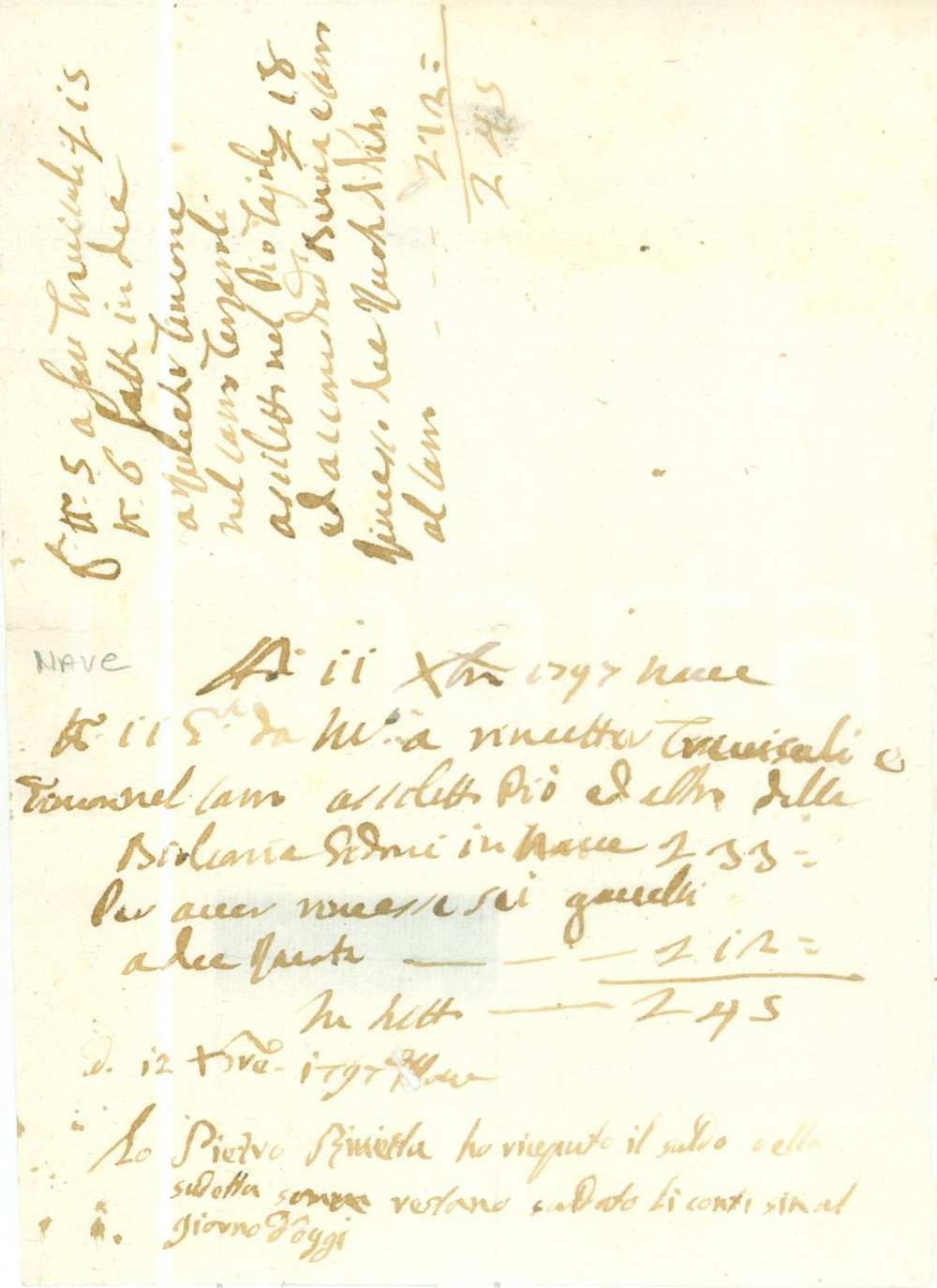 Documento originale, autentico 1797 NAVE BS Pietro RIVETTA riceve pagamento da GHIDONI Ricevuta 1