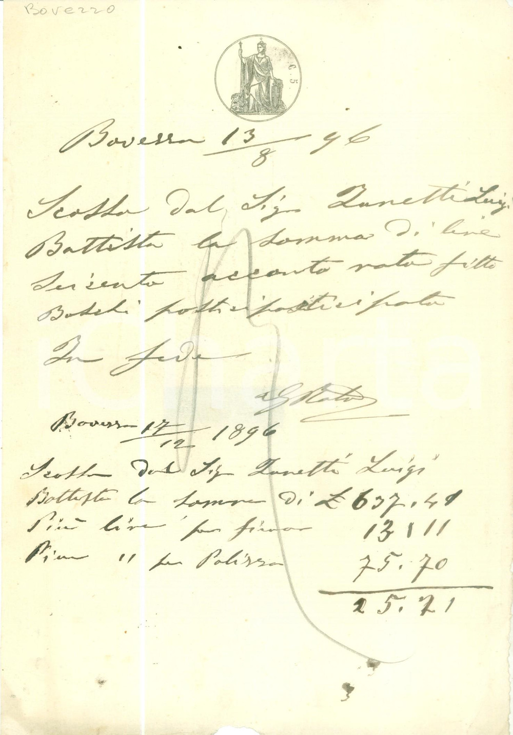 Documento originale, autentico 1896 BOVEZZO BS Luigi Battista ZANETTI paga fitti dei boschi Documento 1