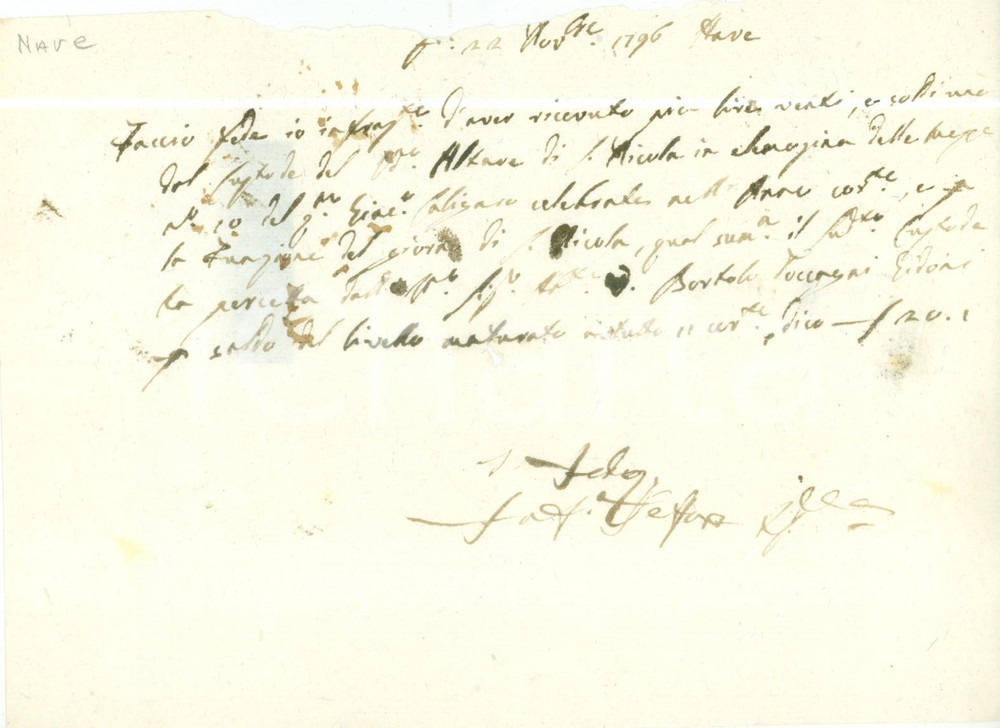 Documento originale, autentico 1796 NAVE BS Bortolo GHIDONI paga livelli all Altare di San Nicola Ricevuta 1