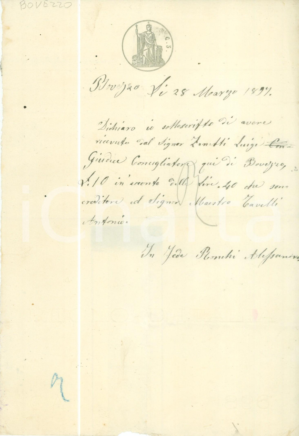 Documento originale, autentico 1897 BOVEZZO BS Alessandro RONCHI riceve pagamento parziale da Antonio TAVELLI 1